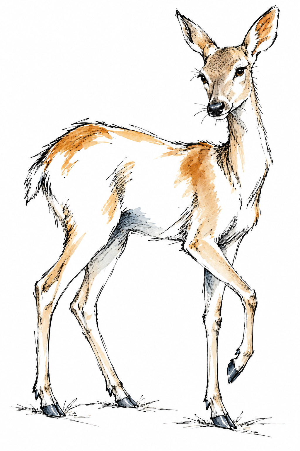 Loose ink and ochre watercolor drawing of a doe stepping forward