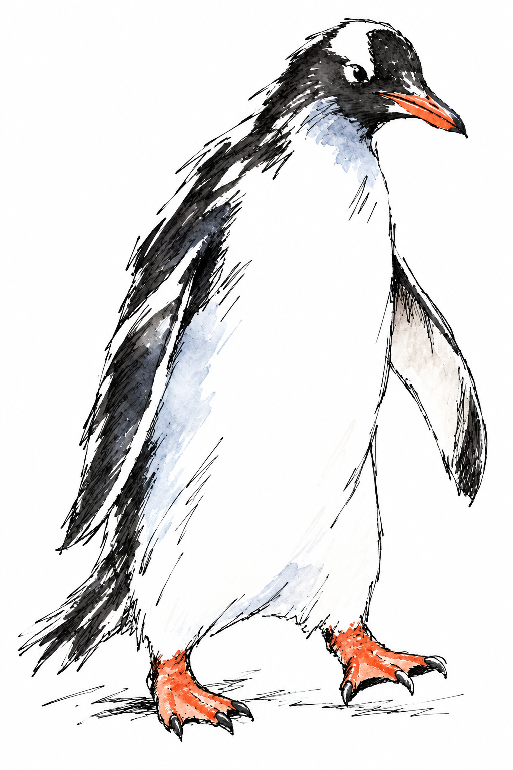 Expressive ink penguin with small orange and blue watercolor accents